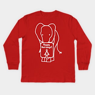 Minimal White Line Christmas Elephant says Happy Holidays Kids Long Sleeve T-Shirt